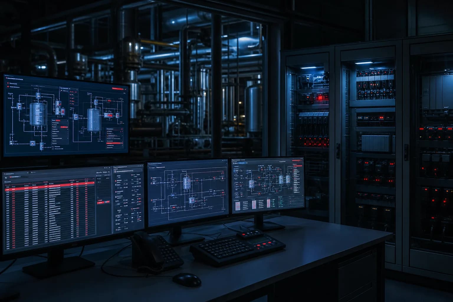 Industrial control environment with SCADA process views and PLC cabinets