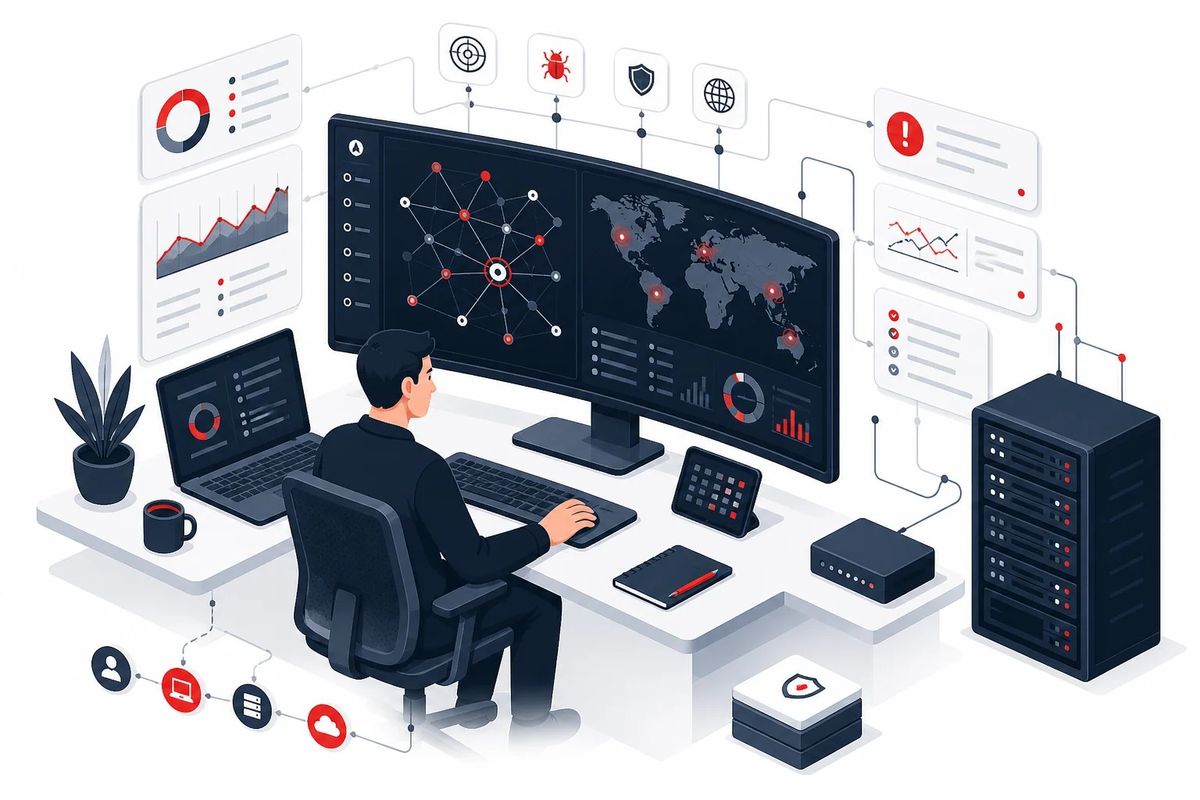 Illustration of a security analyst monitoring threats across connected systems