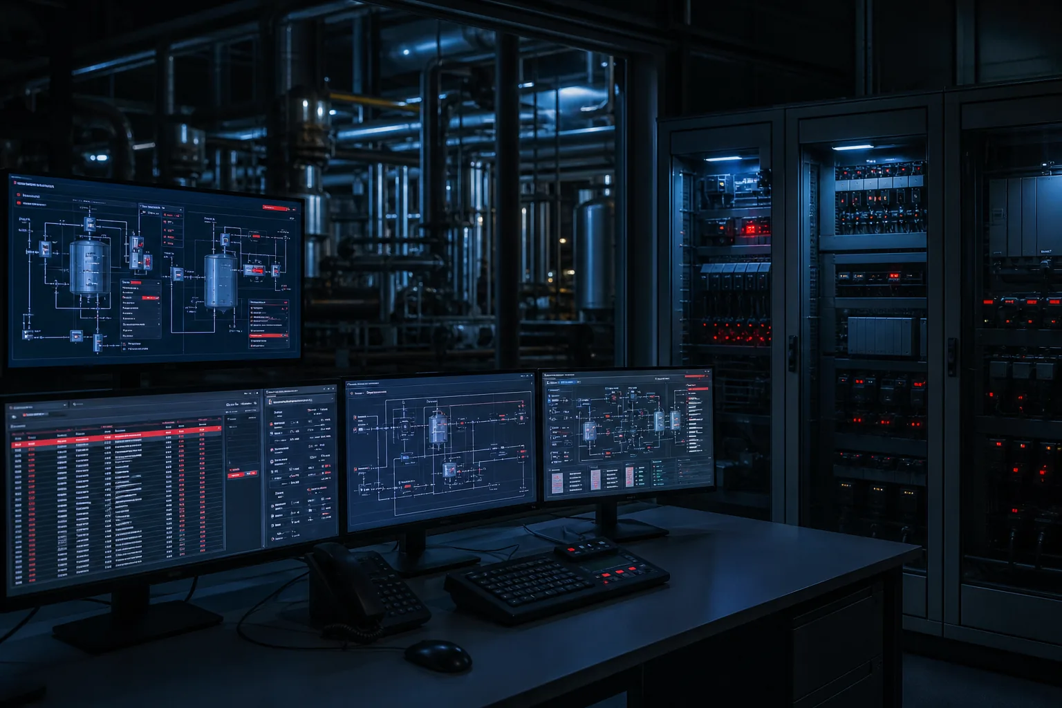 Industrial control environment with SCADA process views and PLC cabinets